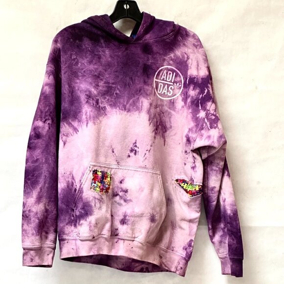 Adidas upcycled Sweatshirt Patchwork Jigsaw Puzzle Size Large Pink Purple Hoodie - Picture 4 of 10